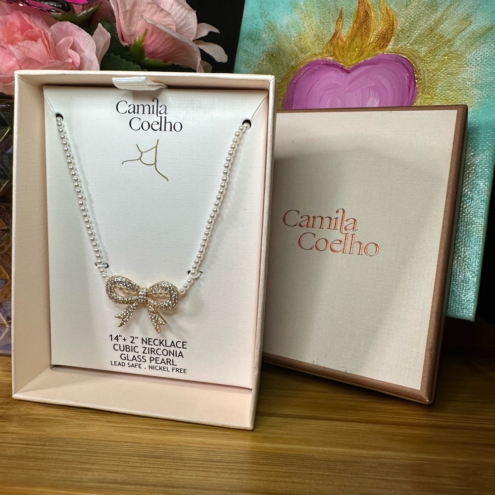 Camila Coelho Silver Cubic Zirconia Bow Necklace on strand of small faux pearls - Picture 3 of 10